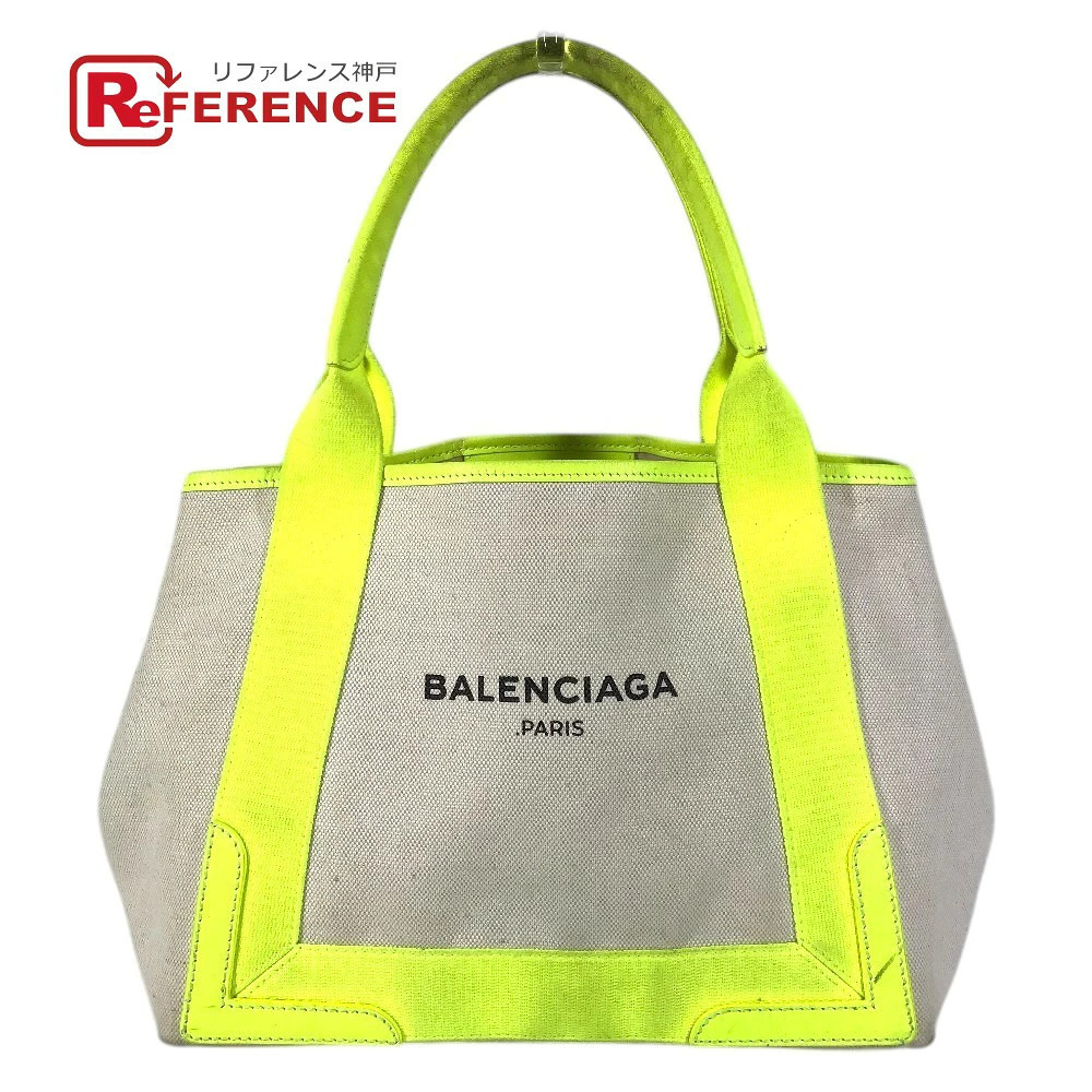 Balenciaga Navy Blue Cabas Tote Bag Handbag Leather Canvas Yellow